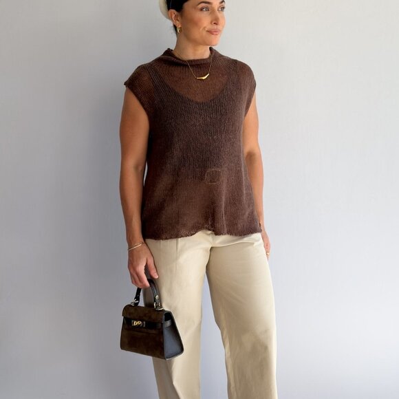 Women’s Open-Knit Mock Neck Sweater Tank – Cocoa Brown Top - Picture 9 of 10